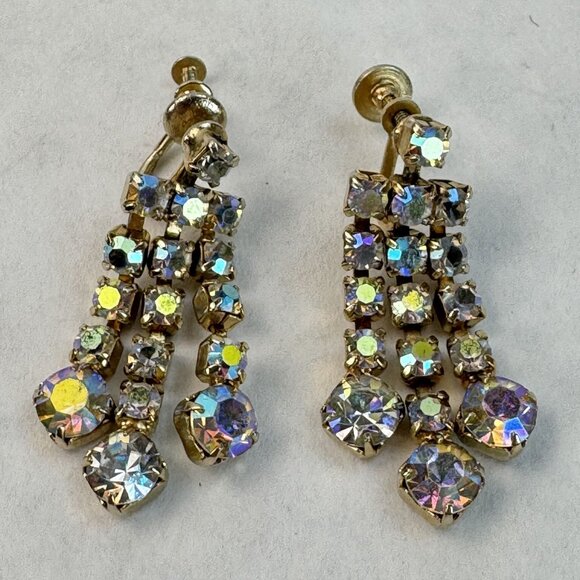 VTG Aurora Borealis Rhinestone Dangle Screw Back Earrings Gold Tone Multi-Row - Picture 5 of 8